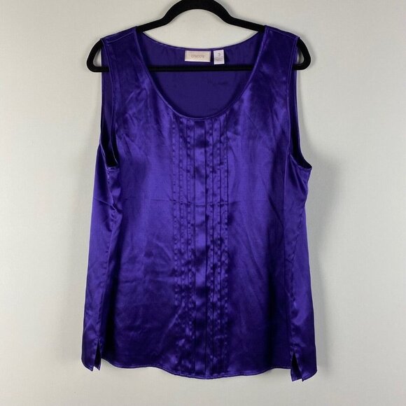 Chicos Pleated Satin Tank Top Womens 3 US XL Purple Scoop Neck Stretch - Picture 1 of 8
